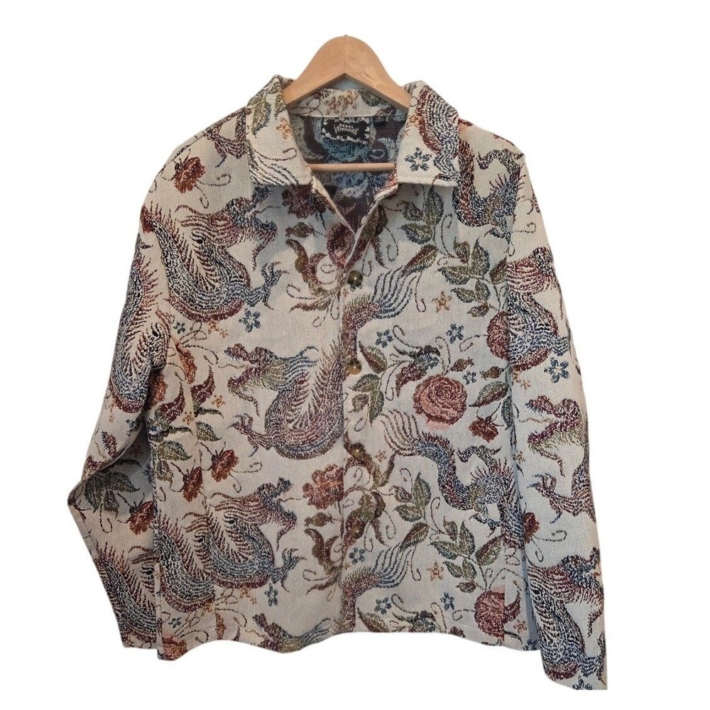 Rebel Vengeance Dragon Tapestry Jacket Woven Floral Button Up Cream Small Unisex